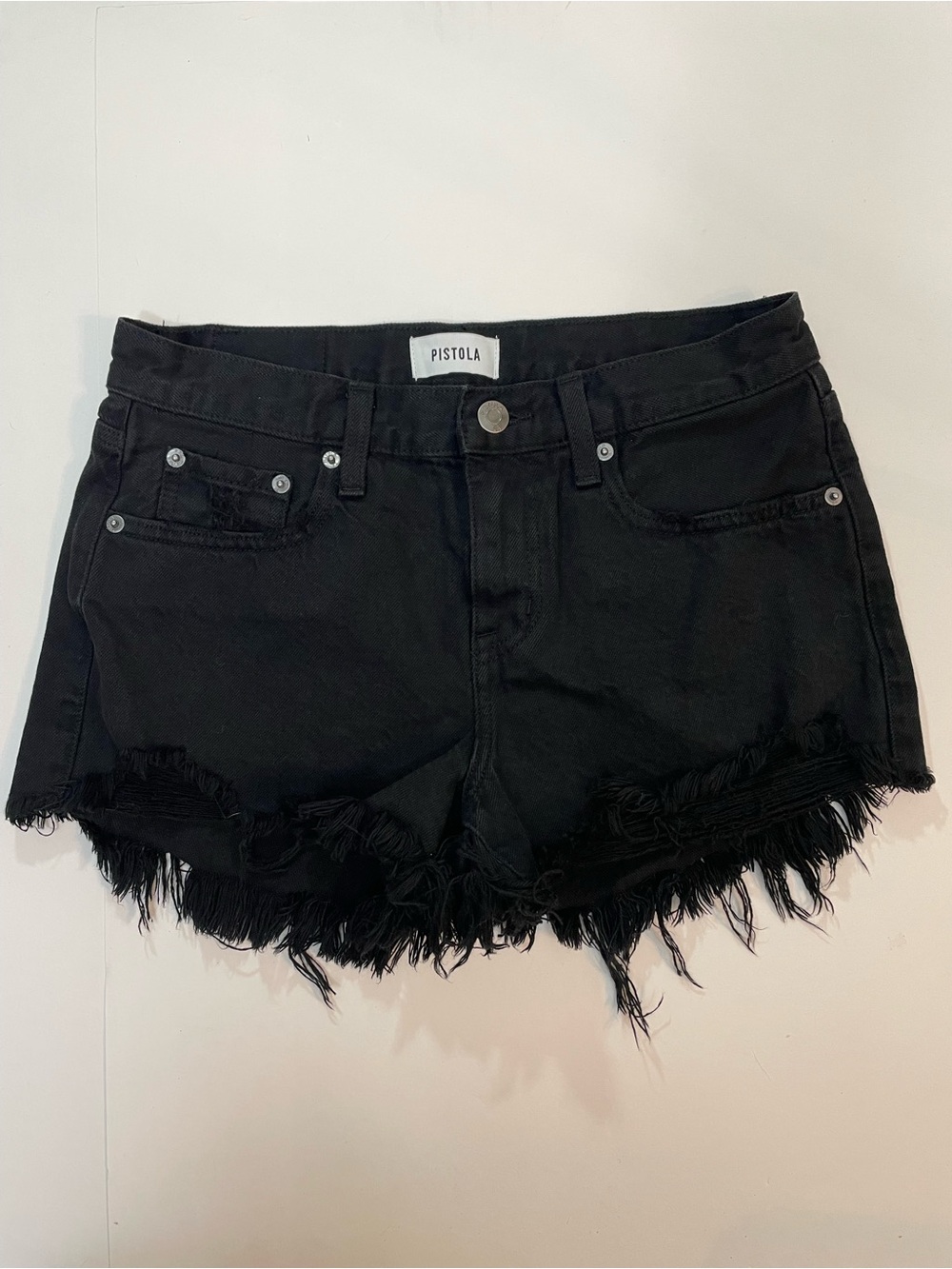 pistola Gigi Black Distressed Raw Hem Denim Shorts - Low-Rise/Mid-Rise - size 25